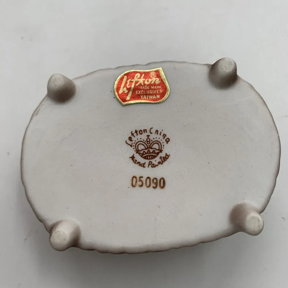 LEFTON China Trinket Box Perched Owls Delicate Floral Accent Brown Number 05090